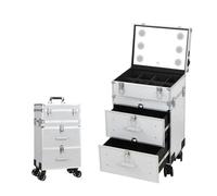 Extra Large Beauty Trolley On Wheels Makeup Train Case -Rolling Trolley Makeup Beauty Train Carry Case Cosmetics Art Cosmetic Box Artist Nail Technician Case Travelling Trolley Box(Silver Plug in)