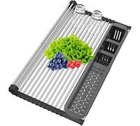 Extra Large Black Expandable Roll Up Dish Drying Rack,Over The Sink Kitchen Rolling up Dish Drainer in Sink, for Kitchen Sink Counter，Foldable Sink Cover with Removable Utensil Holder(13.6"-25.1")