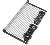 Extra Large Black Expandable Roll Up Dish Drying Rack Up to 22.8''with 2 Storage Baskets,Over The Sink Kitchen Rolling up Dish Drainer Dish Drying Rack in Sink, Foldable,Rollable,for Kitchen Dishes