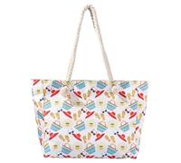 Extra Large Canvas Flower Stripe Print Beach Bag for Women with Zipper Shopping Reusable Carrier Bags for Ladies Girls Summer Tote Bag Shoulder Bag