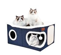 Extra Large Cat Beds for Indoor Cats, Covered Cat Cave Beds & Furniture with Scratch Pad and Fluffy Ball, Foldable Condo Hideaway with Reversible Cushion for Multi Small Pet Large Kittens, Blue