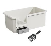 Extra Large Cat Litter Box Low Entry Easy to Clean Portable Litter Tray for Large Cats- Beige White