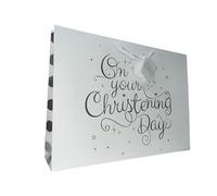 Extra Large Christening Gift Bag - Unisex Boy or Girl - Landscape White with Silver Foil 17.5x13x4"