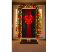 Extra Large Christmas Door Bow With LED Lights - Luxury Mesh Fabric Front Door Ribbon, Pre-Tied Holiday Decoration For Home, Parties & Events - Weather Resistance, Eassy Install Red