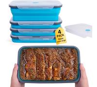 Extra Large Collapsible Food Storage Containers with Lid & Air Vent, 81 oz, 4 Pack, XXL Collapsible Marinade Container BBQ Prep Foldable Silicone Containers, Microwave Freezer Dishwasher Safe, Blue