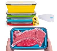 Extra Large Collapsible Food Storage Containers with Lid & Air Vent, 81 oz, 4 Pack, XXL Collapsible Marinade Container BBQ Prep Foldable Silicone Containers, Microwave Freezer Dishwasher Safe