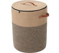 Extra Large Cotton Rope Storage Basket with Lid and Zipper, Versatile Laundry Hamper and Cloth Bin for Clothes, Towels, Blankets, Living Room Organization (Jute, 16"x20")