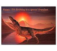Extra Large Dinosaur Grandson13th Birthday Card - 13 Year Old Boy - XL Big thick A4 size - T-Rex Dino Greeting - Young Children Child Schoolboy - Cool Art - Huge Happy Wishes - UK Eco-Friendly