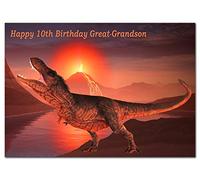 Extra Large Dinosaur Great-Grandson 10th Birthday Card - 10 Year Old Boy - XL Big thick A4 size - T-Rex Dino Greeting - Young Children Child Schoolboy - Cool Art - Huge Happy Wishes - UK Eco-Friendly