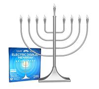 Extra Large Display Electric Menorah Satin Silver 23" Tall - with Flame Shaped Bulbs Traditional U-Shape USB Electronic Hanukkah Minorah with 10 Screw in LED Bulbs Chanukah Decorations By Zion Judaica