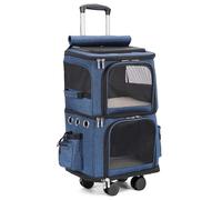 Extra Large Double Compartment Pet Backpack for 2 Cats, Large Capacity, Ventilated, with Removable Wheels and Telescopic Handle, Suitable for Small and Medium Dogs and Cats (Dark Blue)