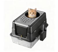 Extra Large Enclosed Stainless Steel Cat Litter Box, 180° Turn over Top, Leak-Proof Odor Control with Removable Tray, Easy Clean Covered Cat Toilet for All Cats, Deep Black
