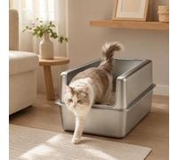 Extra Large Enclosed Stainless Steel Cat Litter Box - Deep High-Sided Covered Litter Pan with Lid & Scoop - Odor-Resistant Nonstick Leak-Proof Anti-Splash Cat Toilet, Bottom Tray Height 20, 2622-20