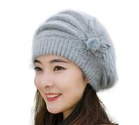 Extra Large French Hat Fashion Womens Flower Knit Crochet Hat Winter Warm Cap Beret Wool Hat Set (Grey, One Size)