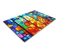 Extra Large Glass Chopping Board | Glass Worktop Savers for Kitchen | Glass Cutting Board | Blue Red Yellow Green Stained Glass Mosaic Pattern Geometric