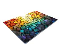 Extra Large Glass Chopping Board | Glass Worktop Savers for Kitchen | Glass Cutting Board | Orange Green Red Blue Multicolour Mosiac Stained Glass Sunlight Geometric