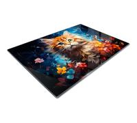 Extra Large Glass Chopping Board | Glass Worktop Savers for Kitchen | Glass Cutting Board | Orange Tabby Kitten Digital Painting Vibrant Blue Red Yellow Petals Whimsical