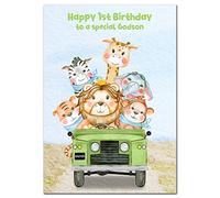 Extra Large Godson 1st Birthday Card - 1 year old - XL Big A4 thick size - Age One - Cute Funny Baby Animals Creative Safari Car Art - Huge First Happy Wishes - UK Eco-Friendly
