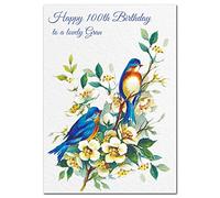 Extra Large Gran 100th Birthday Card - XL Big thick A4 size - Special Age Year Greeting Her Women Female - Beautiful Art Pretty Bluebirds Watercolour - Nice Huge Happy Wishes UK Eco-Friendly