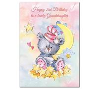 Extra Large Granddaughter 2nd Birthday Card - 2 year old - XL Big A4 thick size - Age Two greeting - Cute Funny Teddy Bear Moon Stars Beautiful Art - Huge Happy Wishes - UK Eco-Friendly