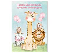 Extra Large Granddaughter 2nd Birthday Card - 2 year old - XL Big A4 thick size - Age Two greeting - CuteFunny Animals Giraffe Lion Monkey Zebra - Huge Happy Wishes - UK Eco-Friendly