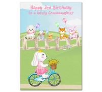Extra Large Granddaughter 3rd Birthday Card - 3 year old - XL Big A4 thick size - Age Three greeting - CuteFunny Cute Cycling Bunny and friends Creative Art - Huge Happy Wishes - UK Eco-Friendly