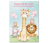 Extra Large Granddaughter 4th Birthday Card - 4 year old - XL Big A4 thick size - Age Four greeting - CuteFunny Animals Giraffe Lion Monkey Zebra - Huge Happy Wishes - UK Eco-Friendly