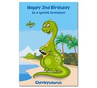 Extra Large Grandson 2nd Birthday Card - 2 year old - XL Big A4 thick size - Age Two greeting - Cute Dinosaur Funny Cheekysaurus Cool Dino - Huge Happy Wishes - UK Eco-Friendly