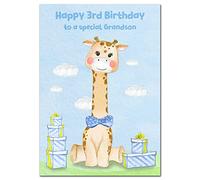Extra Large Grandson 3rd Birthday Card - 3 year old - XL Big A4 thick size - Age Three greeting - Cute Fun Cute Boy Giraffe Creative Art - Huge Happy Wishes - UK Eco-Friendly