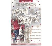 EXTRA LARGE GRANDSON CHRISTMAS CARD. 8 PAGE INSERT .TRADITIONAL XMAS SCENE. 12 X 8 INCHES