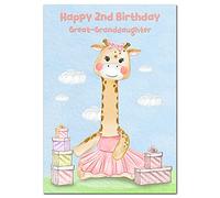 Extra Large Great-Granddaughter 2nd Birthday Card - 2 year old - XL Big A4 thick size - Age Two - CuteGiraffe Funny Baby Animal Creative Art - Huge Happy Wishes - UK Eco-Friendly