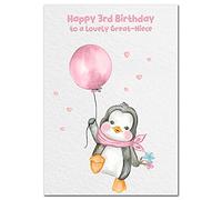 Extra Large Great-Niece 3rd Birthday Card - 3 year old - XL Big A4 thick size - Age Three greeting - CuteFunny Penguin Pink Balloon Art Jump for Joy - Huge Happy Wishes - UK Eco-Friendly