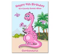Extra Large Great-Niece 4th Birthday Card - 4 year old - XL Big A4 thick size - Age Four greeting - Cute Dinosaur Funny Cheekysaurus Pink Dino - Huge Happy Wishes - UK Eco-Friendly
