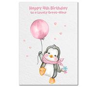 Extra Large Great-Niece 4th Birthday Card - 4 year old - XL Big A4 thick size - Age Four greeting - CuteFunny Penguin Pink Balloon Art Jump for Joy - Huge Happy Wishes - UK Eco-Friendly