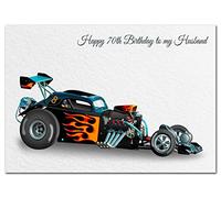 Extra Large Husband 70th Birthday Card - XL Big thick A4 size - Cool Classic Dragster Racing Car Art - Special Age Year Traditional Greeting - Huge Happy Wishes Him Men Male - UK Eco-Friendly