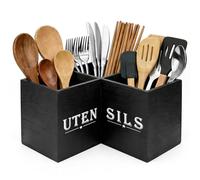Extra Large Kitchen Utensils Holder - Black Utensil Holder Cooking Utensil Organizer with 3 Compartment Wooden Corner Utensil Caddy Farmhouse Cutlery Caddy, Cooking Tools Storage for Countertop