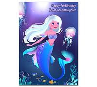 Extra Large Mermaid Great-Granddaughter 7th Birthday Card - 7 Year Old Girl - XL Big thick A4 size - Beautiful Cute Greeting - Little Kids Young Children - Huge Happy Wishes - UK Eco-Friendly