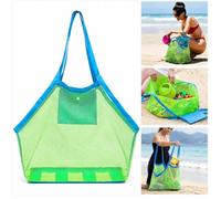 Extra Large Mesh Beach Bag Tote, Foldable Quick Dry Sand Away Storage Organizer for Towels, Swim Gear, Pool Accessories, Picnic, Grocery, Travel, Family Outdoor Use, Green Mesh with Blue Strap