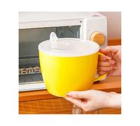Extra Large Microwave Safe Ceramic Ramen Bowl with Lid - 1200ML Ergonomic Noodle Mug for Quick Meals Ideal for Students & Office Workers (Yellow)