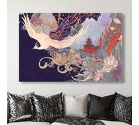 Extra Large Modern Abstract Canvas Painting - Mythical Bird & Swan-Like Figure In Deep Purple Wall Decor For Living Room(40x60cm/Without frame)