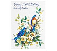 Extra Large Mum 100th Birthday Card - XL Big thick A4 size - Special Age Year Greeting Her Women Female - Beautiful Art Pretty Bluebirds Watercolour - Nice Huge Happy Wishes UK Eco-Friendly