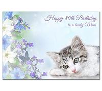 Extra Large Mum 80th Birthday Card - XL Big thick A4 size - Special Age Year Greeting Her Women Female - Beautiful Art Cute Cat Flowers Watercolour - Nice Huge Happy Wishes UK Eco-Friendly