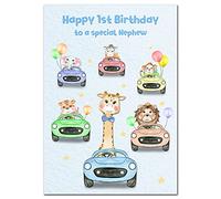 Extra Large Nephew 1st Birthday Card - 1 year old - XL Big A4 thick size - Age One greeting - Cute Car Funny Baby Animal Elephant Tiger Monkey - Huge First Happy Wishes - UK Eco-Friendly