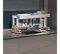 Extra Large Over-Sink Dish Rack Expandable Kitchen Drying Rack Space-Saving Stainless Steel Dish Drainer 33In Countertop，Silver-Single Layer96Cm/37In