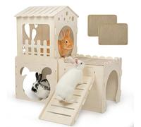 Extra Large Rabbit Castle, Wooden Bunny House & ,Detachable Rabbit Hideaway, Indoor Hamster Castle with Ramp, Small Animal Houses & Habitats for Guinea Pig Chinchilla Ferret(3 House with Sisal Mat)