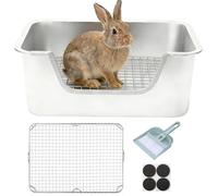 Extra Large Rabbit Litter Box with Stainless Steel Grid, Small Animal Potty Tray for Bunny - Easy Clean Metal Pet Litter Pan 17.7" x 13.8" x 5.9", Anti-Slip Mesh, Comfortable Low-Entry Design