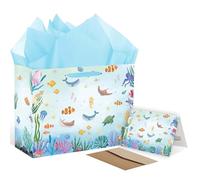 Extra Large Sea Animal Birthday Gift Bag - Ocean Theme Gift Bag Set with Card & Tissue Paper - Dolphin Whale Design for Beach Parties, Baby Showers & Under the Sea Celebrations