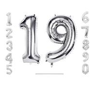 Extra Large Silver 32"/80cm Self Inflate Or Helium Staw Inc Happy Birthday Balloon Numbers Mylar Foil Kids Party Large Decoration Age 10-18 19 20 21 30 40 50 60 70 80 90 100 (Number 19)