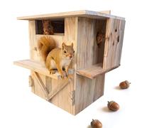 Extra-Large Solid Cedar Squirrel Family House - Handmade Outdoor Nesting Box with Multi Porch & Built-in Feeder for Squirrels & Chipmunks - Easy Mounting Kit for Tree, Fence, or Backyard