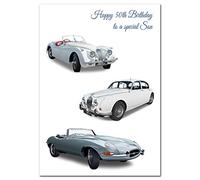 Extra Large Son 50th Birthday Card - XL Big thick A4 size - Cool Classic Car Vintage Collage Art - Special Age Year Traditional Greeting - Huge Happy Wishes Him Men Male - UK Eco-Friendly